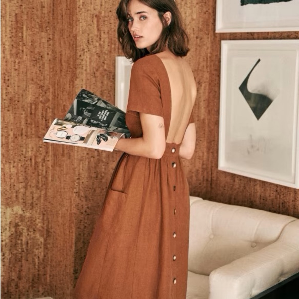 Sezane Rust Brown Backless Midi Dress